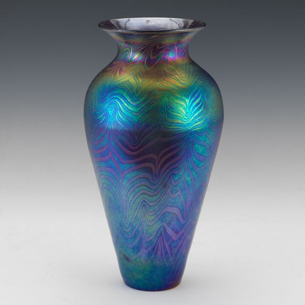 Appraisal: Muller Studio Iridescent Glass Vase x Pulled feather vase with