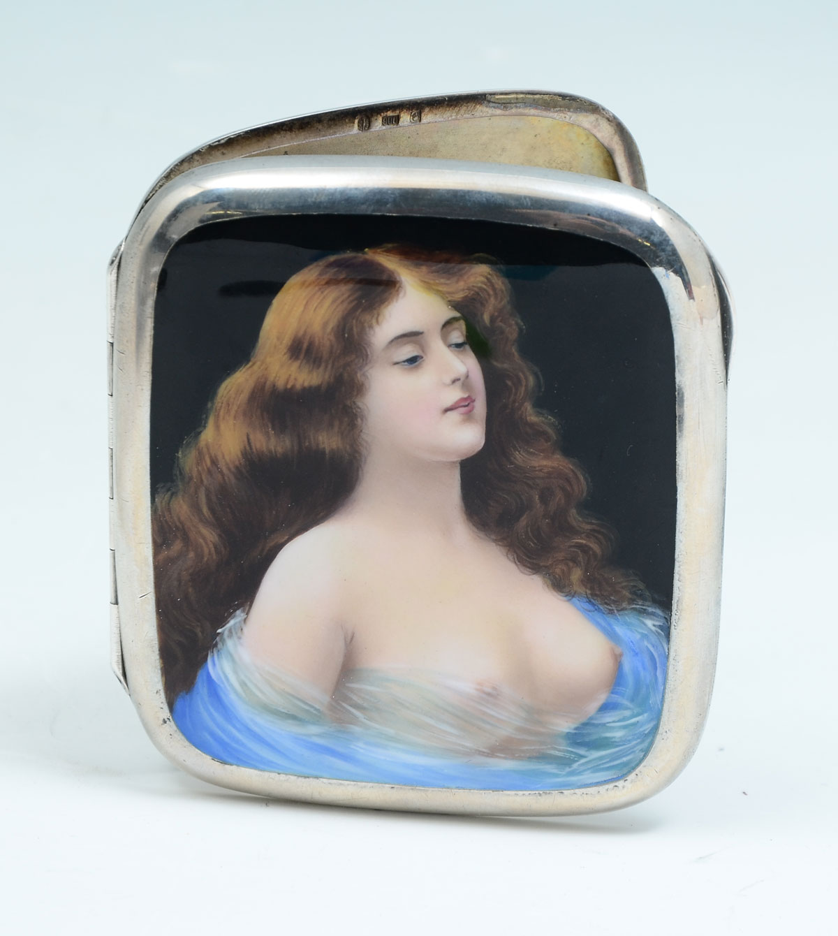 Appraisal: SILVER GILT CIGARETTE CASE ENAMEL NUDE BEAUTY Skillfully painted nude