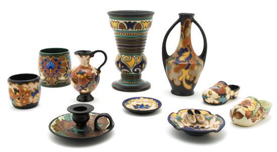 Appraisal: Group of Ten Pottery Articles Gouda comprising three vases a