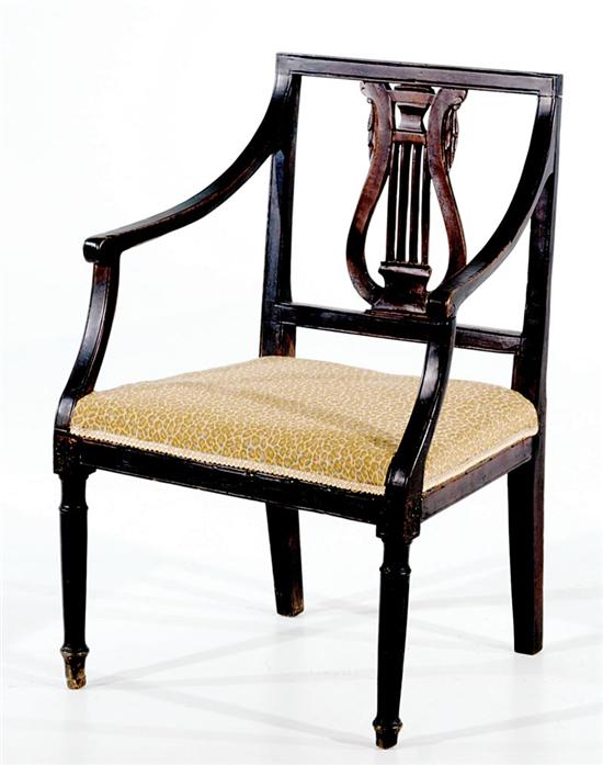 Appraisal: Italian Classical carved mahogany armchair th century molded square crestrail