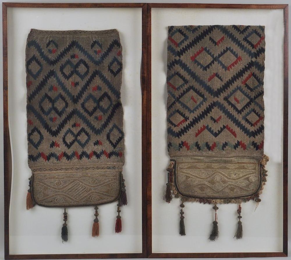 Appraisal: Pair Framed Middle Eastern Camel Saddle Bags with tassel design