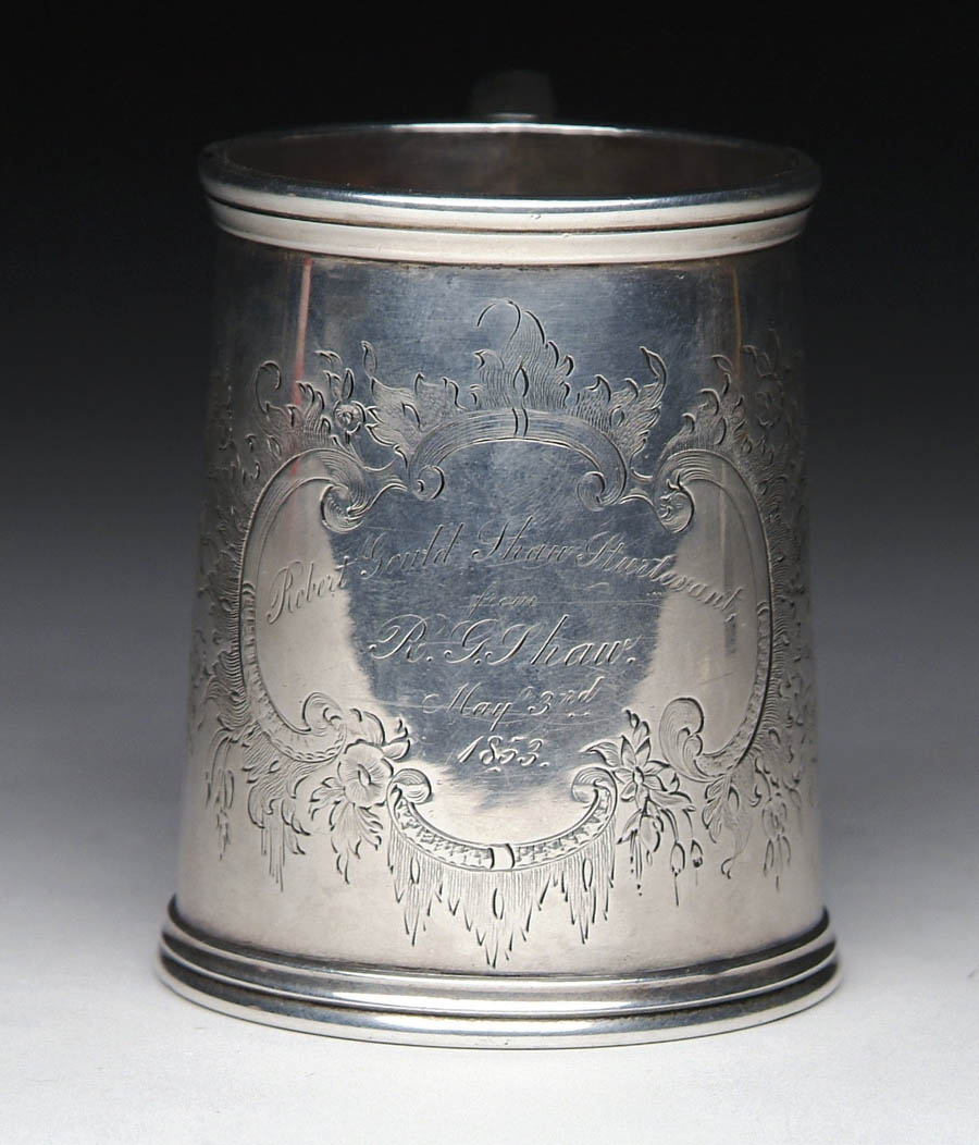 Appraisal: OUTSTANDING ENGRAVED COIN SILVER MUG BY LINCOLN FOSS BOSTON Lincoln