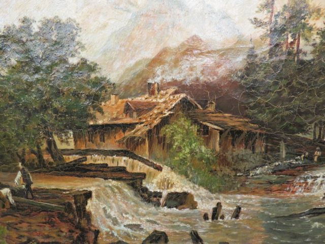 Appraisal: R Rochat oil landscape with mill and emerging water ways