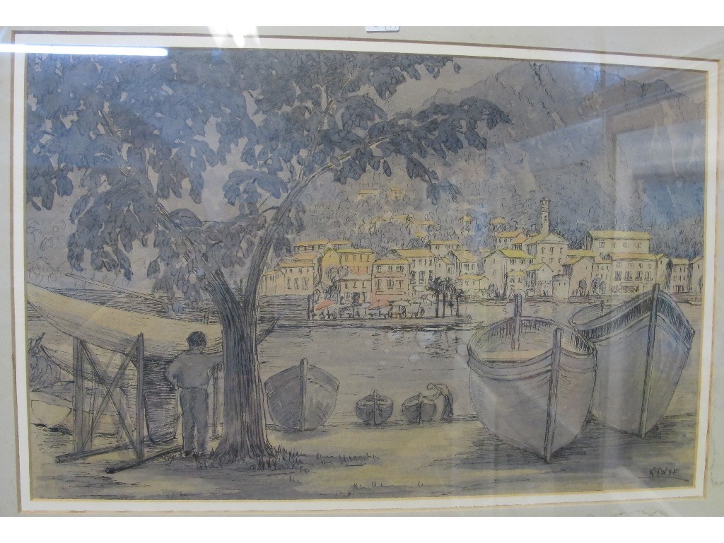 Appraisal: Pen and wash Continental harbour scene signed Kit Wylie