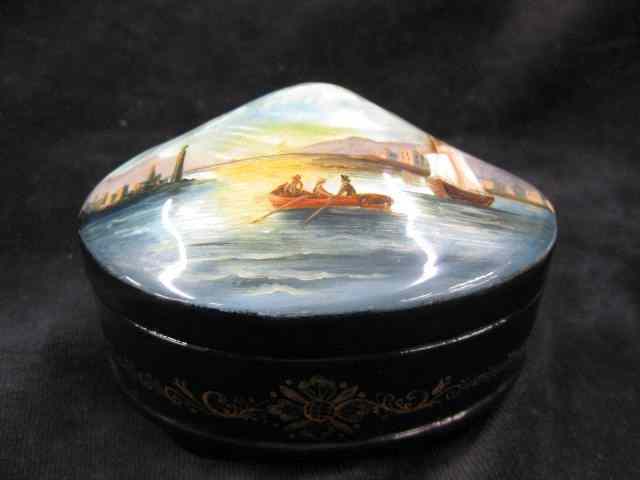 Appraisal: Russian Lacquerware Handpainted Boxwith sailing ships shell shaped with abalone