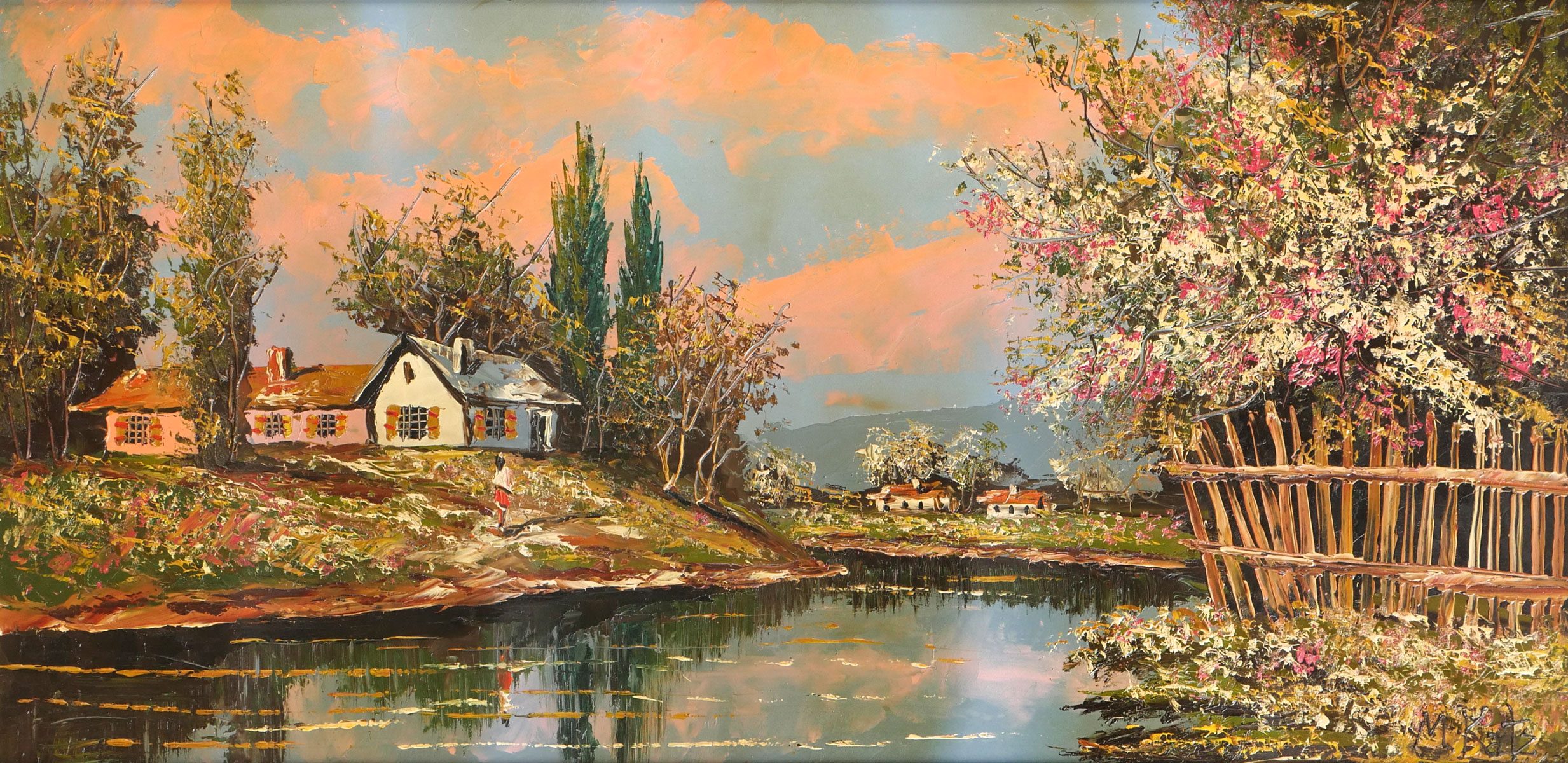 Appraisal: KATZ Morris Polish - Country River Landscape with Homes Oil