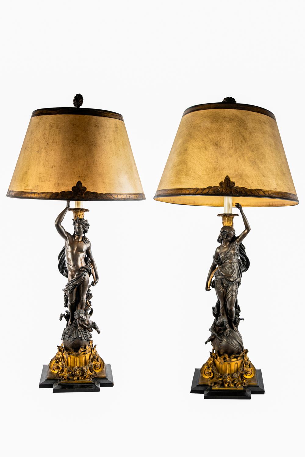 Appraisal: PAIR OF FRENCH EMPIRE BRONZE FIGURAL TABLE LAMPSeach partially gilt