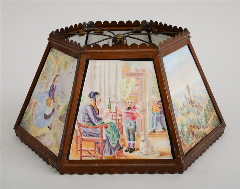 Appraisal: POLYCHROME DECORATED HEXAGONAL LITHOPHANE LAMP SHADE Incorporating six scenes showing