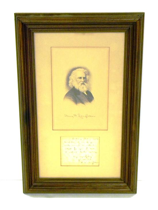 Appraisal: Henry W Longfellow American - framed memorabilia print of Longfellow's