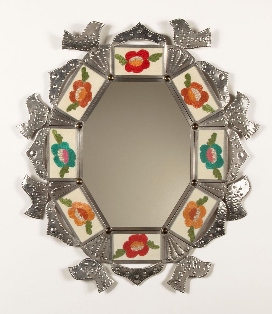 Appraisal: Emilio and Senaida Romero Colcha Stitch Tin Mirror Emilio and