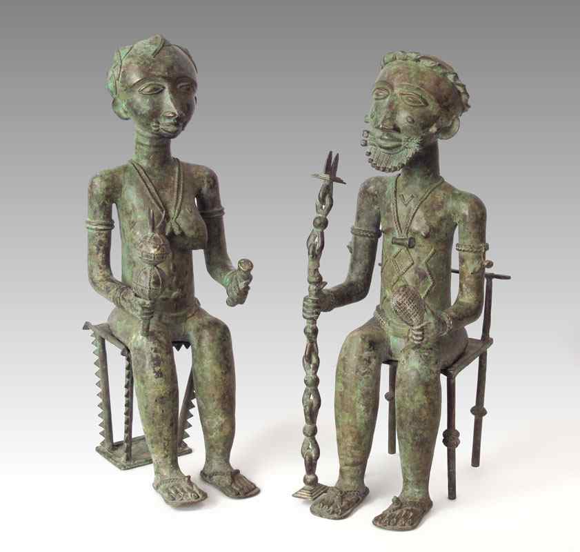 Appraisal: AKAN GHANA AFRICAN FIGURES OF SEATED MAN AND WOMAN SCULPTURE