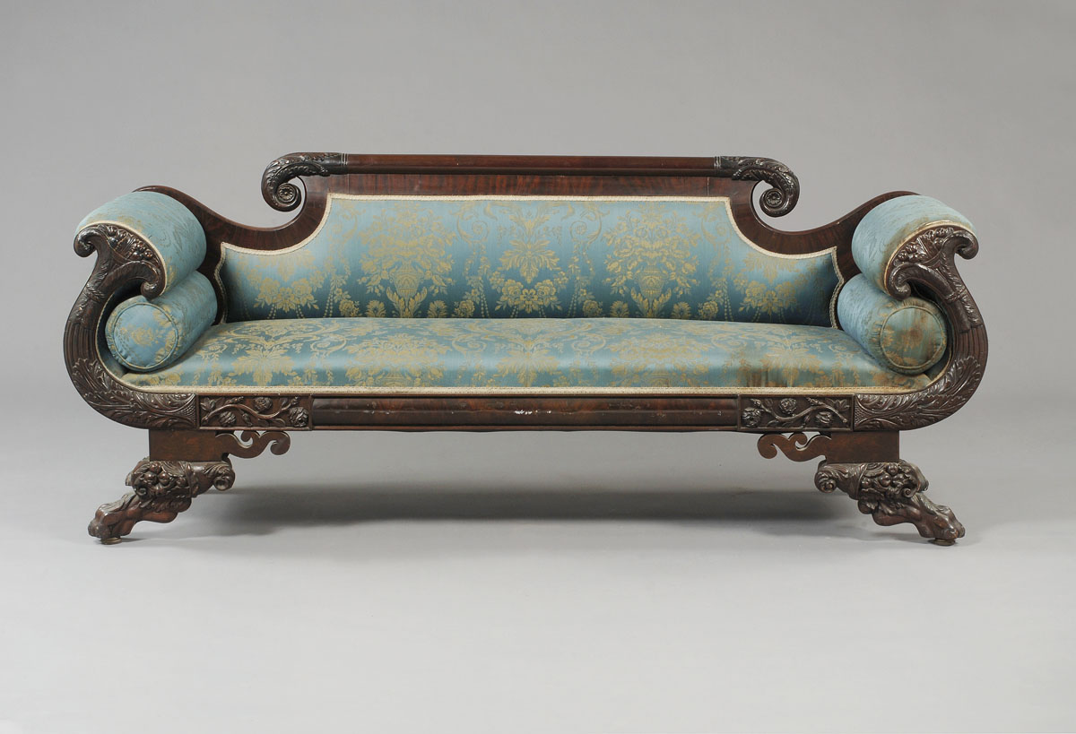 Appraisal: BOSTON CLASSICAL CARVED MAHOGANY SOFA WITH FLORAL CORNUCOPIA The barrel