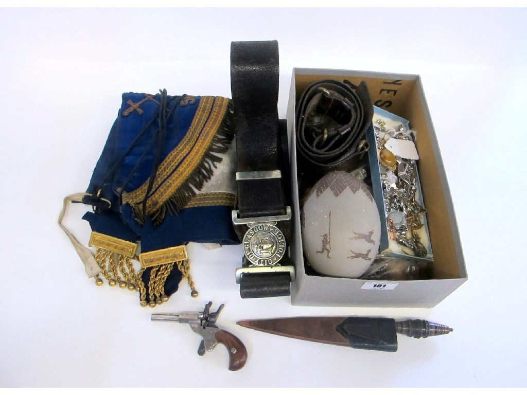 Appraisal: A box of miscellania - Police belt Masonic apron decorated