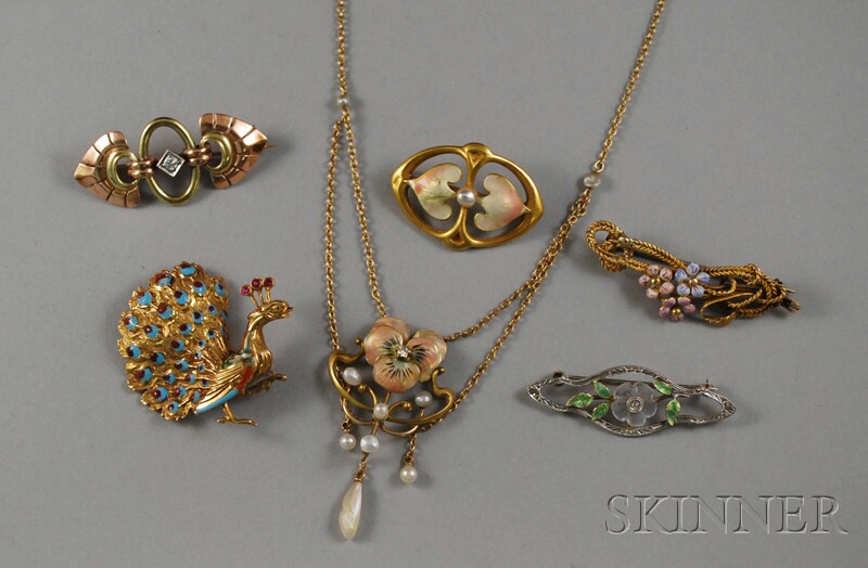 Appraisal: Six Gold Mostly Art Nouveau Jewelry Items an kt gold