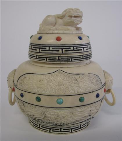 Appraisal: Chinese elephant ivory covered censer The squat globular censer with