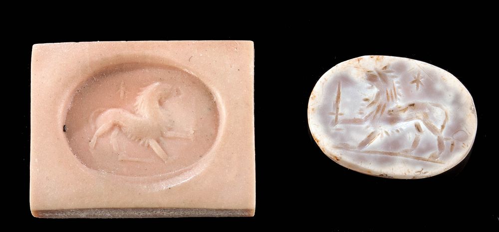 Appraisal: Roman Milk Agate Intaglio w Lion Sword Roman Imperial Period