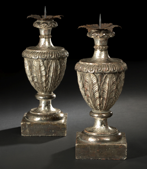 Appraisal: Large Pair of Italian Carved Silver-Leafed Wood and Cut Iron