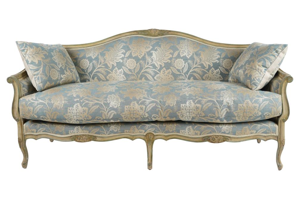 Appraisal: LOUIS XV STYLE PAINTED WOOD SOFAraised on five cabriole legs