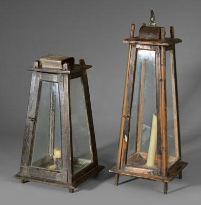 Appraisal: Two wooden trapezoidal lanterns one with mortised wooden frame with