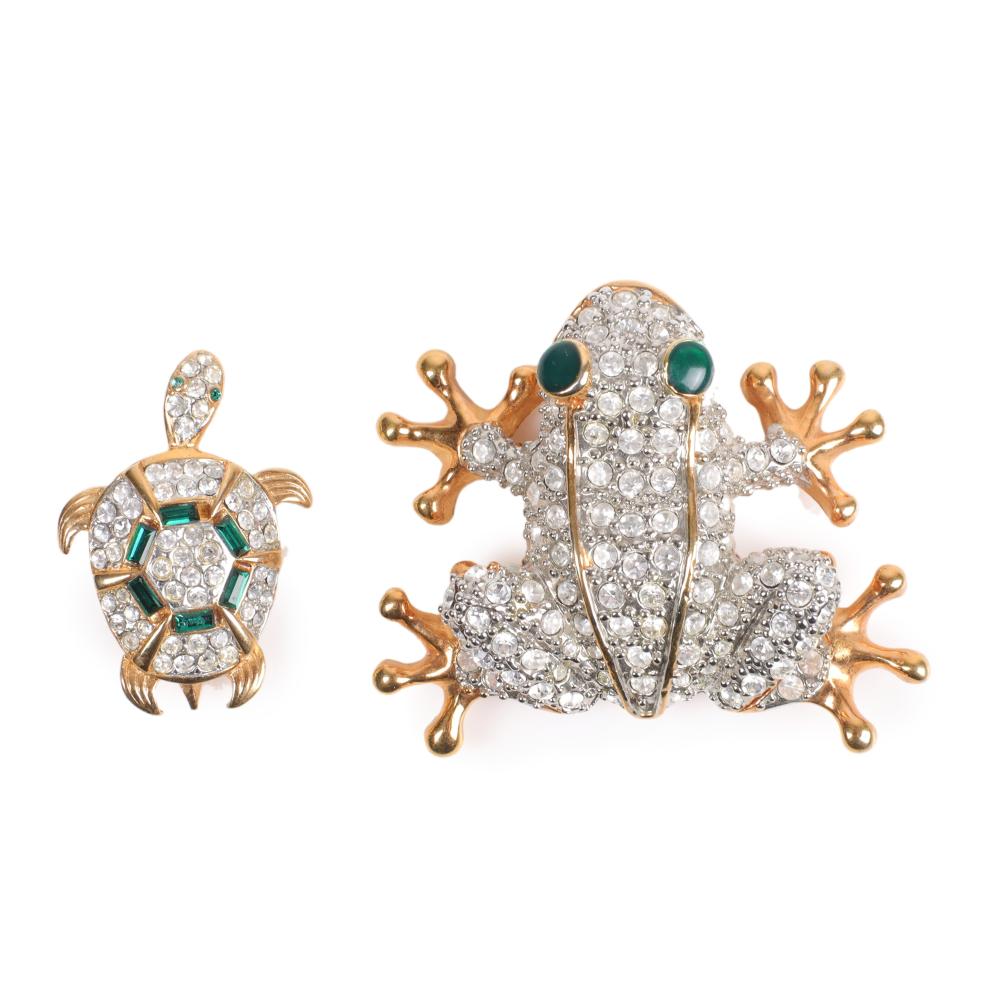 Appraisal: TWO VINTAGE FIGURAL GOLD TONE PAVE BROOCHES TURTLE WITH EMERALD