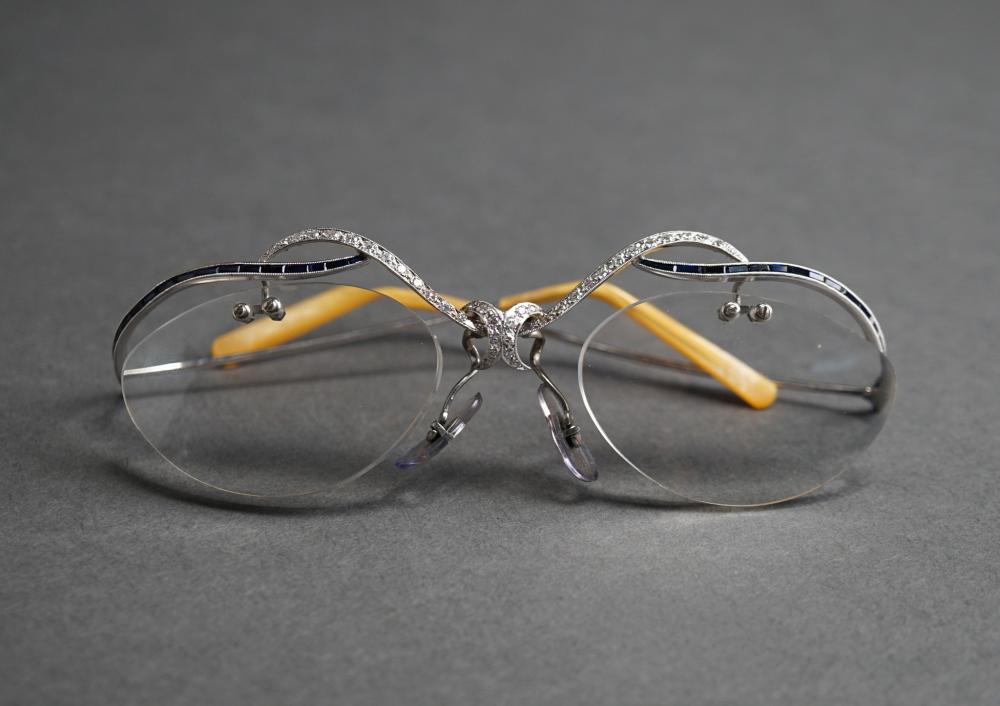 Appraisal: -KARAT WHITE-GOLD MOUNTED DIAMOND AND SYNTHETIC BLUE SAPPHIRE READING GLASSES