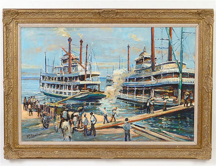 Appraisal: MICHAEL D'AGUILAR ENGLISH - Mississippi Steamers Loading Cotton Signed l