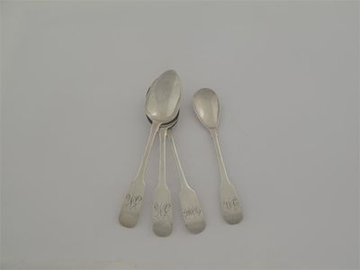 Appraisal: Three various Irish fiddle teaspoons and a condiment spoon all