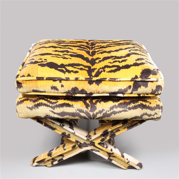 Appraisal: Vintage tiger print vanity stool or ottoman with cross section