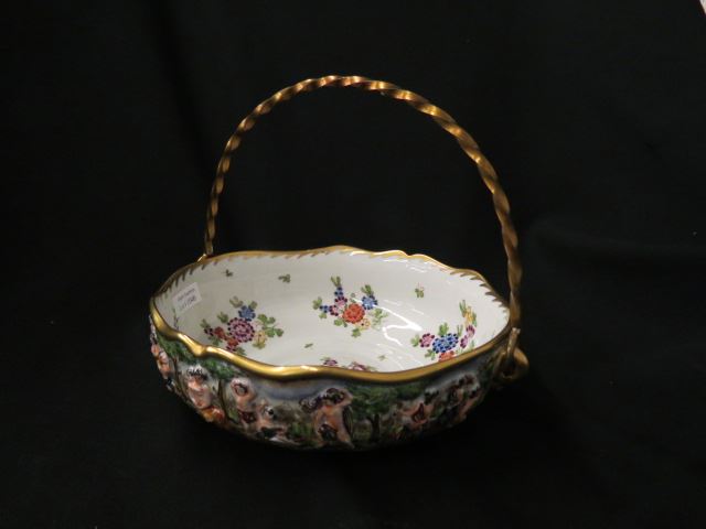 Appraisal: Capodimonte Porcelain Bowl basket handle festive garden party scenes floral