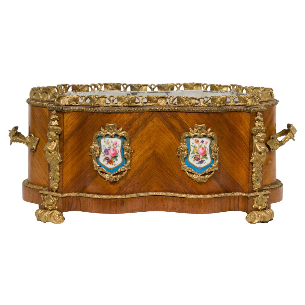 Appraisal: NAPOLEON III STYLE PLANTERMarquetry wood planter adorned with gilded bronzes