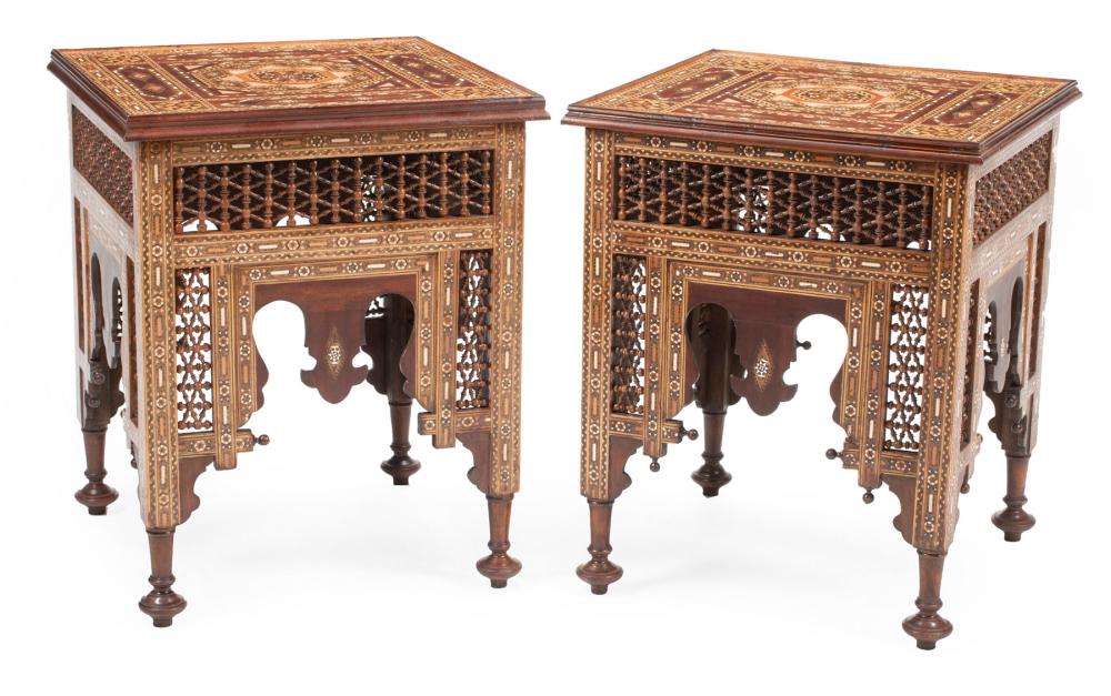 Appraisal: Pair of Moorish Inlaid Hardwood Tabouret Tables reticulated frieze bracketed