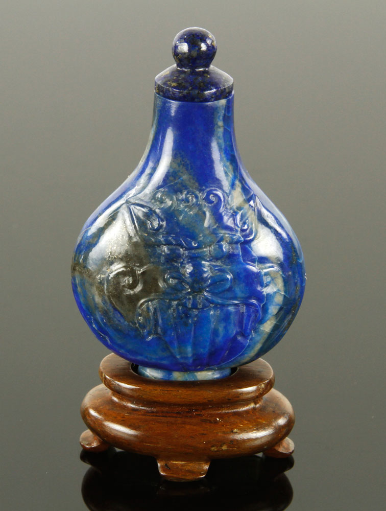 Appraisal: - Chinese th C Snuff Bottle Carved lapis snuff bottle