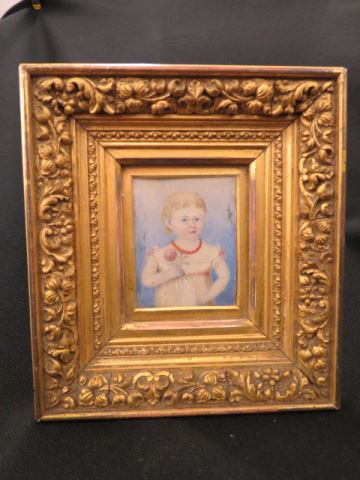 Appraisal: Miniature Painting of Young Child holding a flower coral necklace