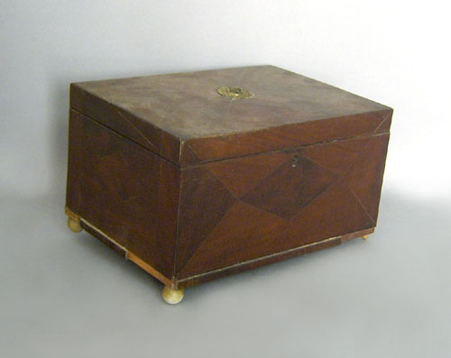 Appraisal: Parquetry sewing box th c with mounted scherenschnitte on lid