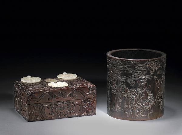 Appraisal: A carved zitan box with jade mounts th Century Elegantly