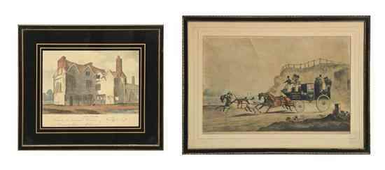 Appraisal: Two Decorative English Colored Etchings one with coaching subject matter