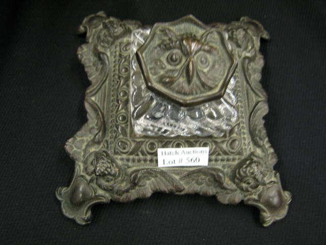 Appraisal: Victorian Bronzed Inkwell square glass insert owl decor attributed to