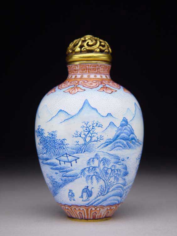 Appraisal: ENAMEL ON COPPER SNUFF BOTTLE Meticulously detailed enamel on copper