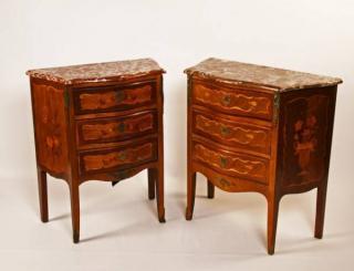 Appraisal: PAIR OF MARQUETRY INLAID BOMBE SHAPED COMMODES COMPANION PAIR OF