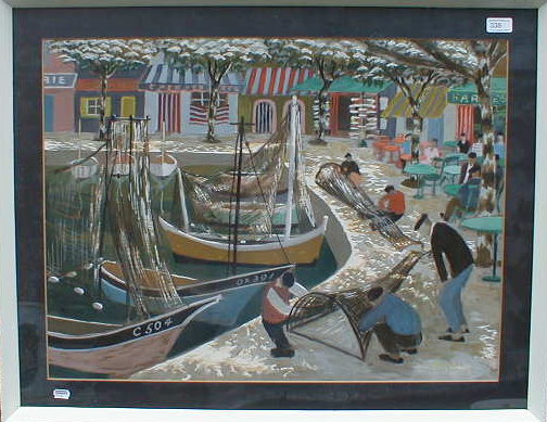 Appraisal: G Piric thC Busy French harbour with moored fishing boats