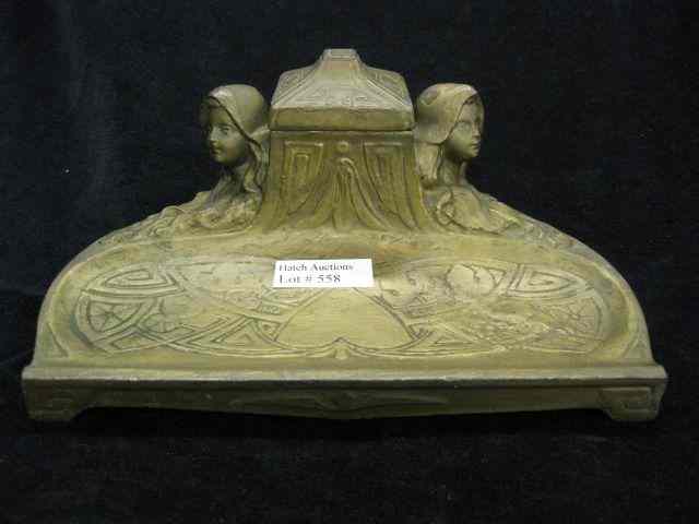 Appraisal: Victorian Bronzed Art Nouveau Inkwell ladies on each side of