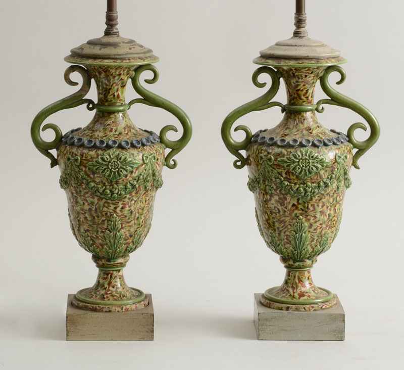 Appraisal: PAIR OF CONTINENTAL AGATEWARE POTTERY URNS MOUNTED AS LAMPS Each