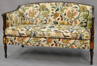 Appraisal: Sheraton style upholstered loveseat with light wood panels in need