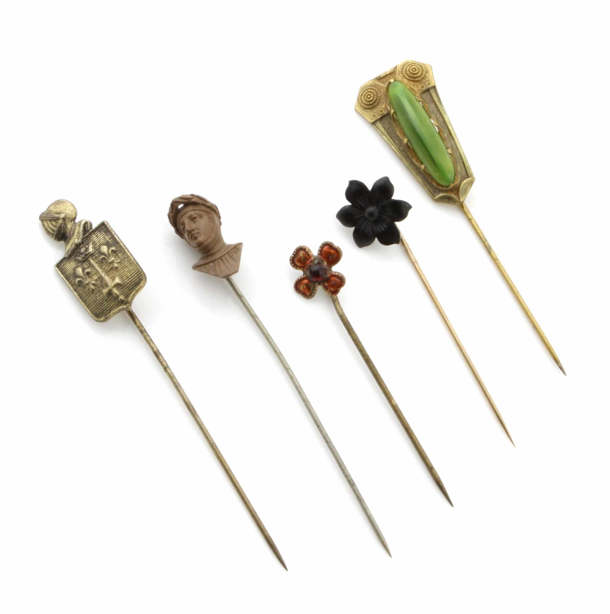 Appraisal: An enamel gem-set metal and gold stick pin collection featuring