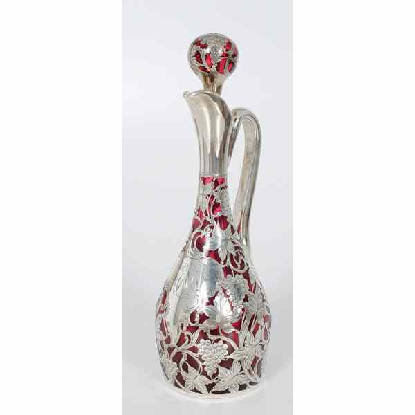 Appraisal: Sterling Silver Overlay Ewer Continental a ruby glass ewer with