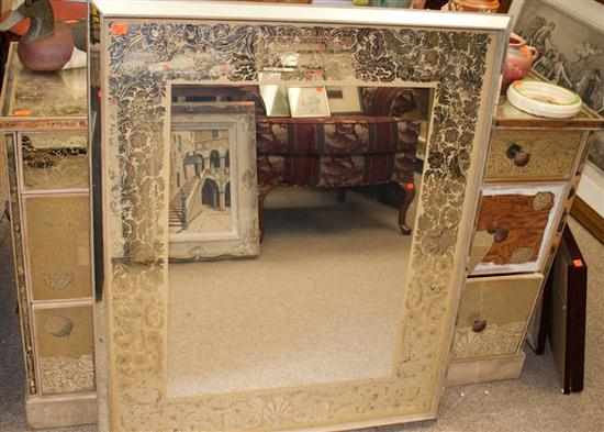 Appraisal: Contemporary mirrored glass covered dressing table and matching trash can