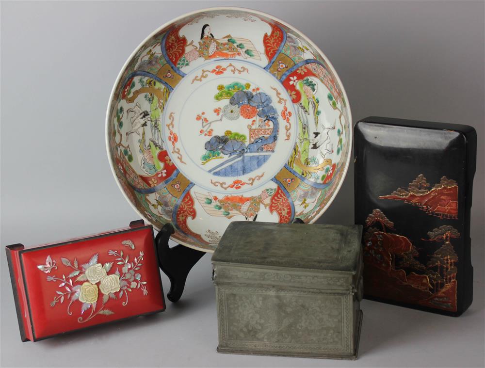 Appraisal: JAPANESE IMARI LOW BOWL AND A CHINESE WHITE METAL TEA