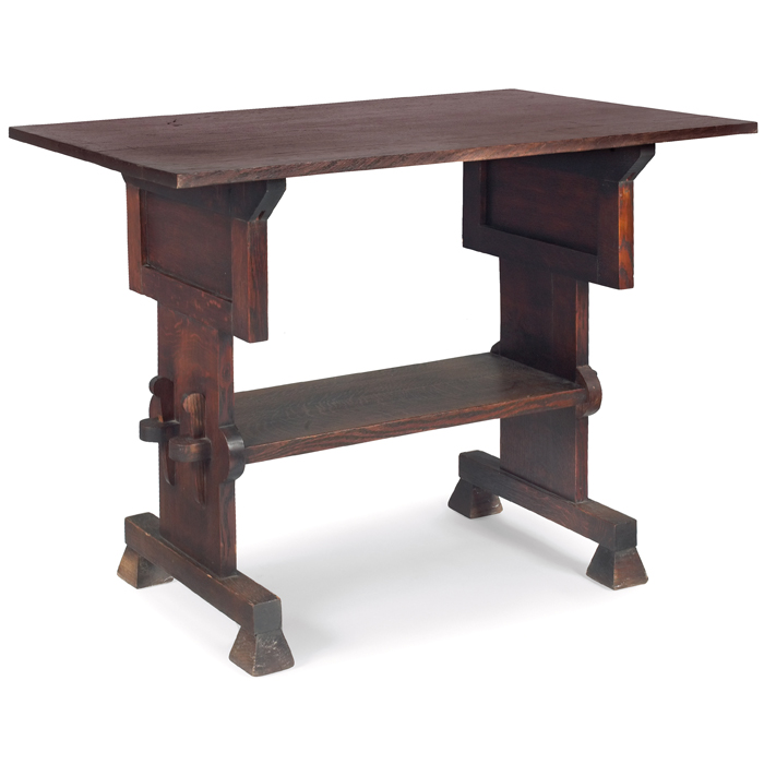 Appraisal: Arts and Crafts trestle table rectangular top over a lower