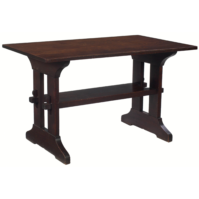 Appraisal: Gustav Stickley trestle table rectangular top over a lower shelf