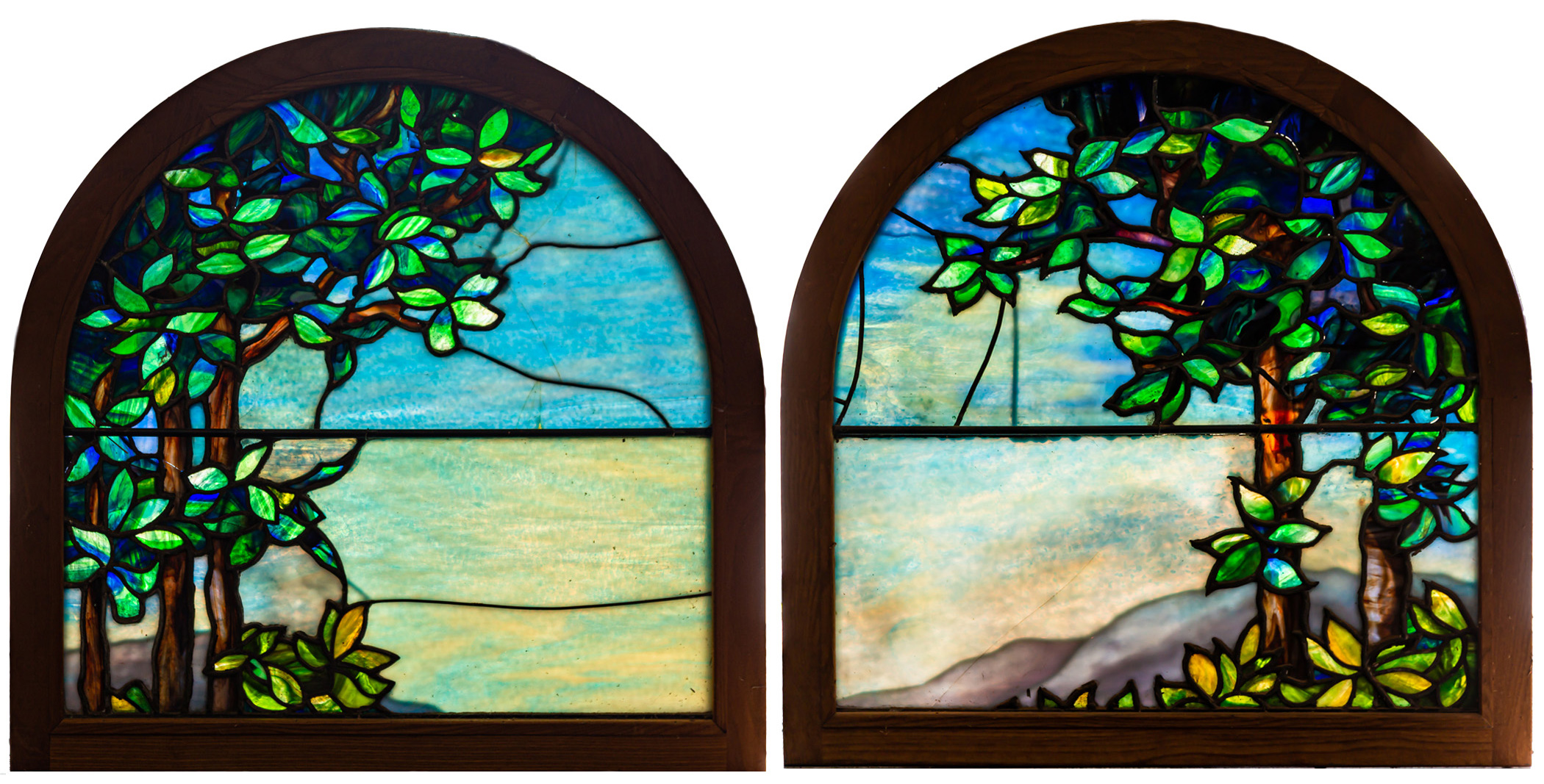 Appraisal: AMERICAN SCHOOL LEADED GLASS SCENIC WINDOWS Early th century